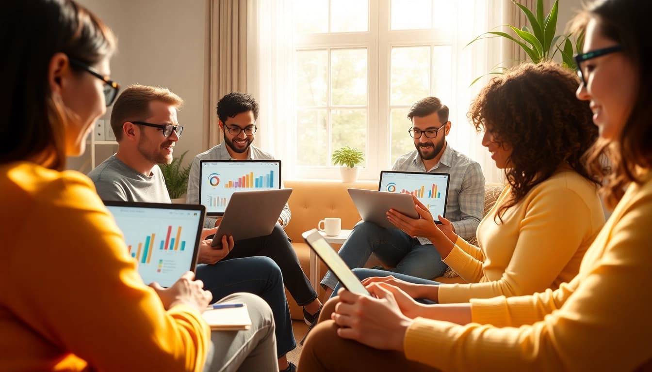 Engaging individuals on https://enqueteplein.nl sharing their insights on online surveys amidst a vibrant workspace.