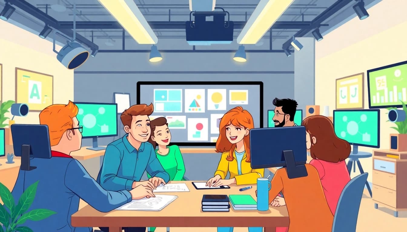 Erklärvideo Erstellung in einem modernen Studio mit kreativen Charakteren und ansprechenden Designs.