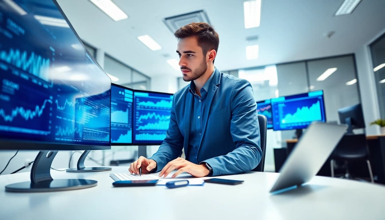 An analyst utilizing Machine Learning for Loan Underwriting with data visualizations in a modern office.