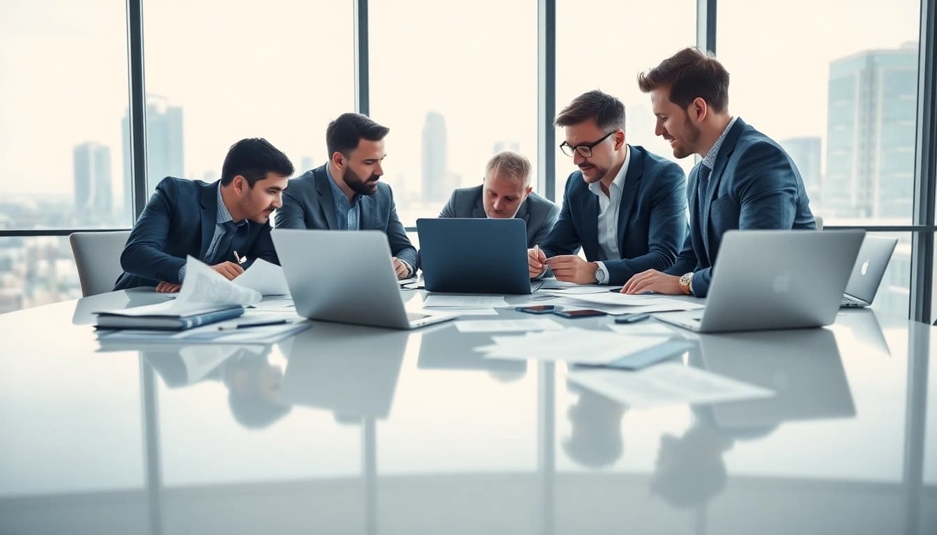 Men on mission llc collaborating in a modern office setting to drive innovation.