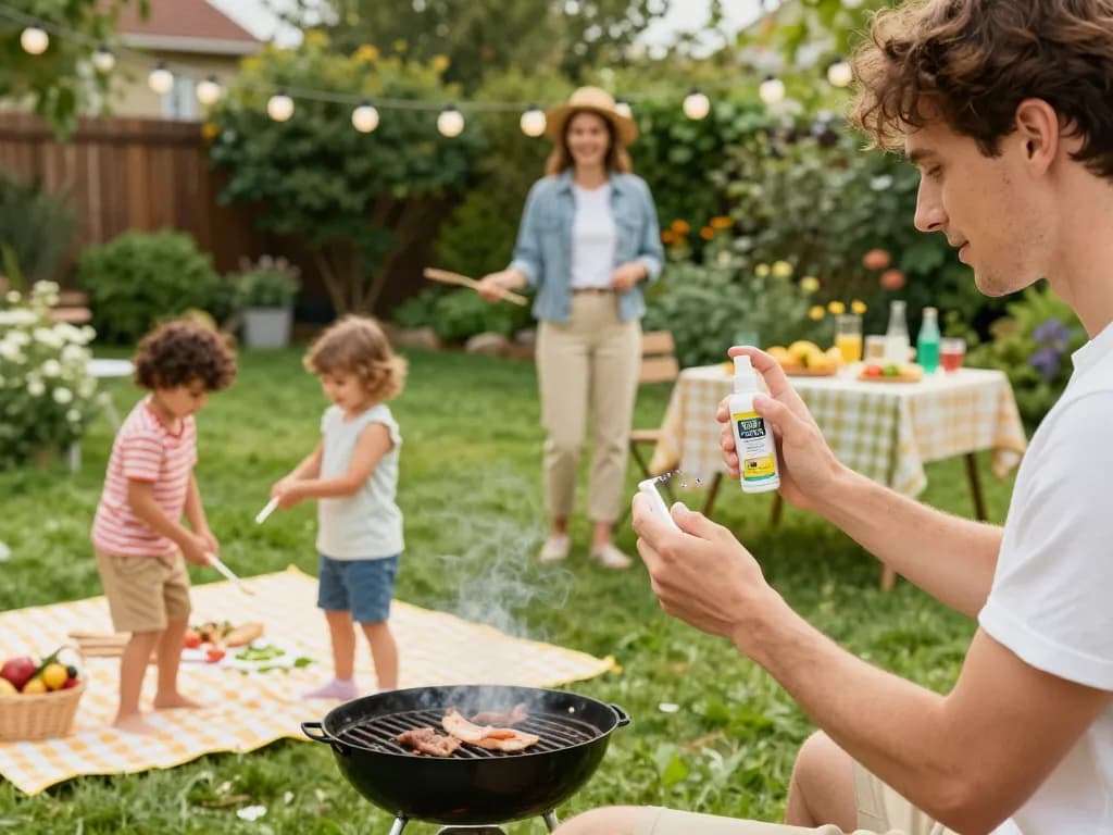 Family enjoying a summer barbecue while using the Best Mosquito Repellent to keep pests away outdoors.