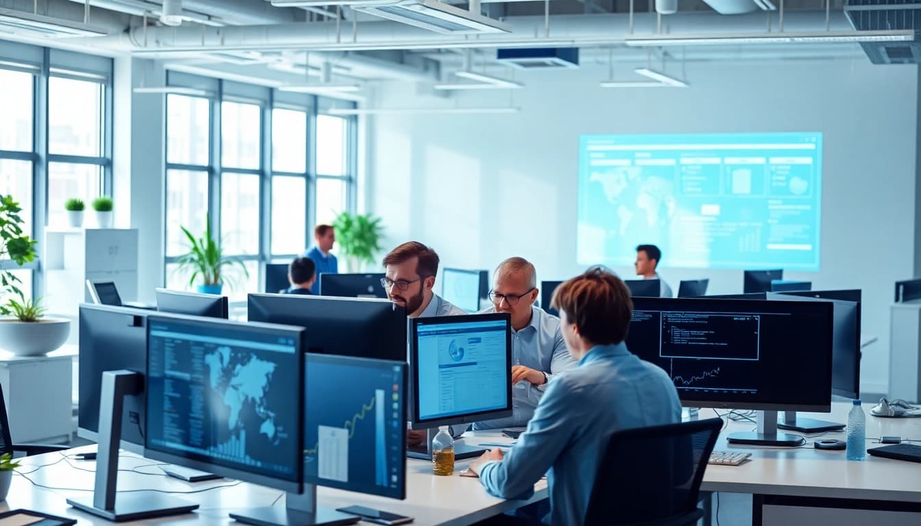 Showcase of enterprise search tools in a modern office setting with dynamic collaboration.