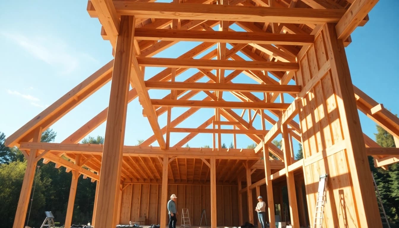 Construction workers assembling a Structural Timber Frame at a vibrant building site.