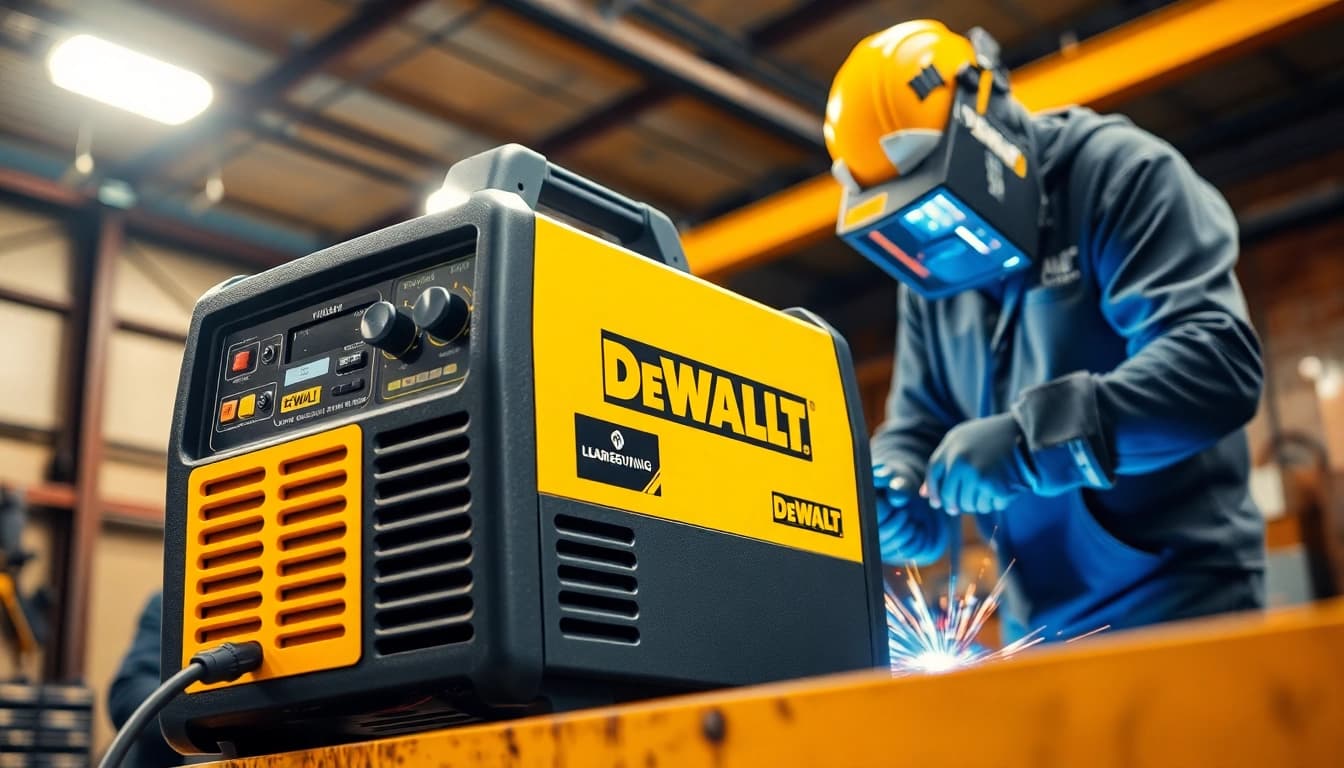 Experience the power of the DeWalt welding machine crafting durable metal joints in a bright workshop.