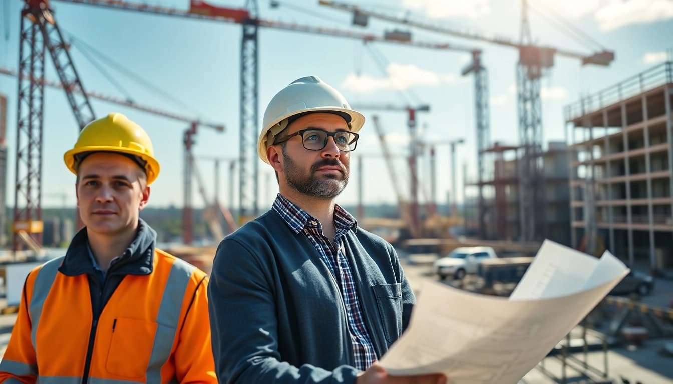 New Jersey Construction Manager overseeing a busy construction site with cranes and workers.