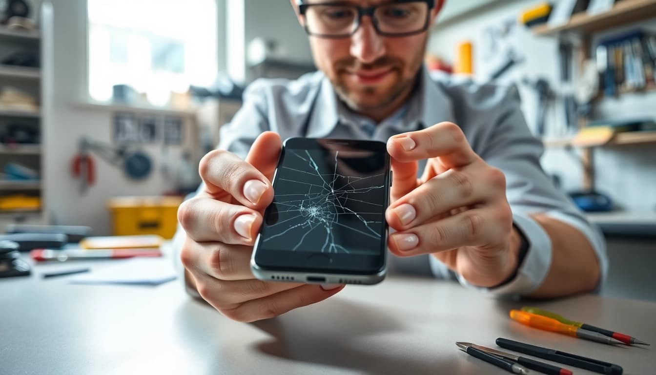 Sell cracked phone with a technician assessing and repairing it in a bright workshop.