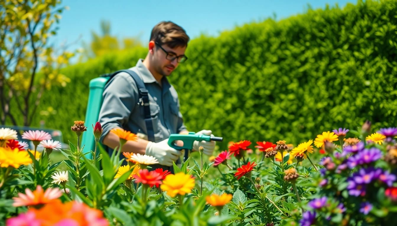 Seasonal pest treatment technician applying eco-friendly solutions in a vibrant garden.