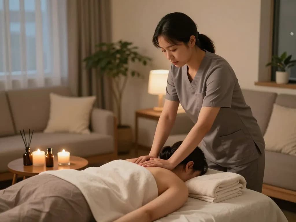 Professional 부천 출장마사지 session showcasing a therapist and client in a relaxing home setting.
