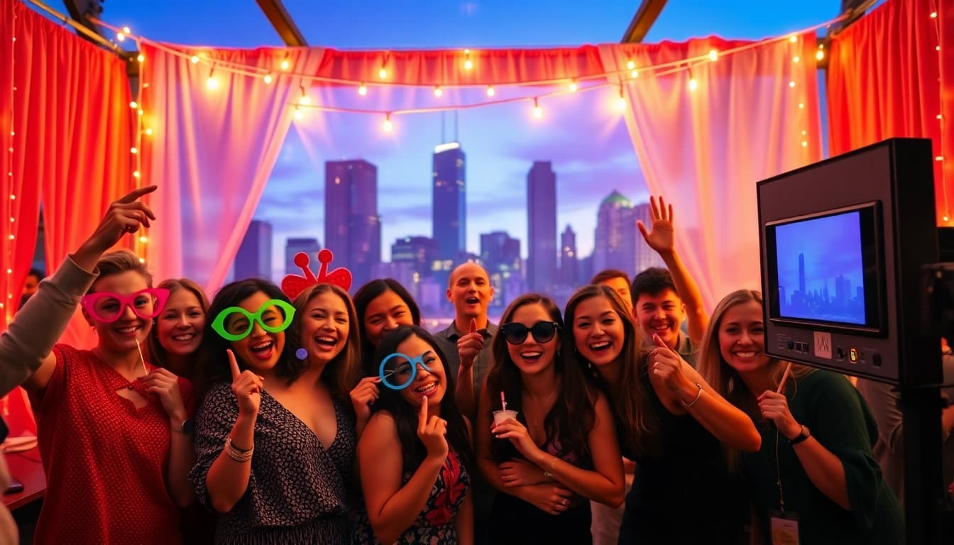 Guests enjoying a photo booth Chicago experience with vibrant props and warm lighting.