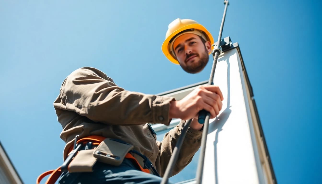 Vancouver electrician working diligently on a bright residential building, showcasing expertise and professionalism.