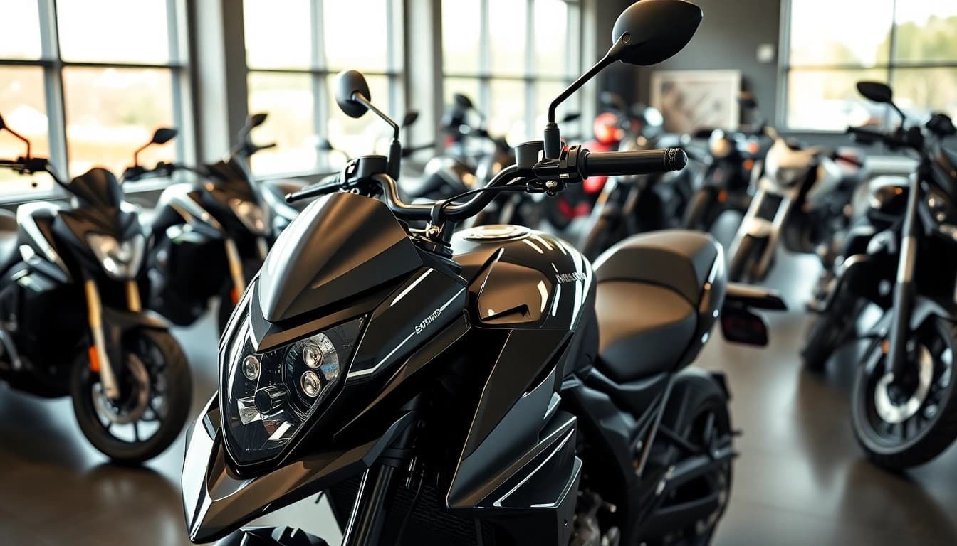 Kaufe gebrauchte Motorräder kaufen in einem modernen Showroom mit verschiedenen Modellen.