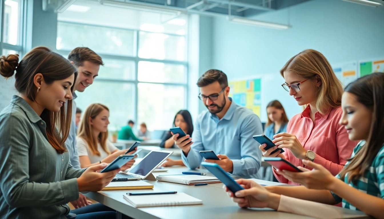 Utilizing smartphone solution in school life, students collaborate and engage with educational technology.