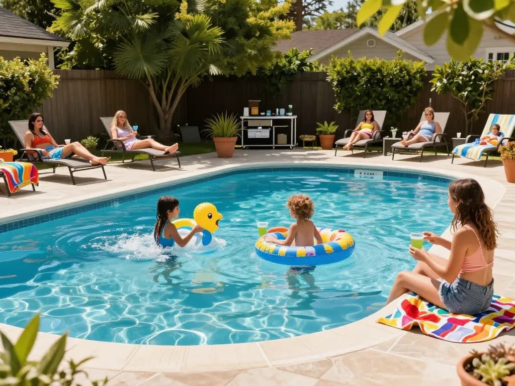 Dolphin Pool Services enhances backyard joy with family swimming and relaxing around a beautifully maintained pool.