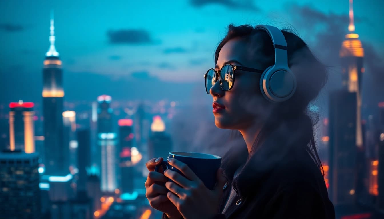 Image to prompt generator showcasing a young woman lost in thought against a neon city skyline.