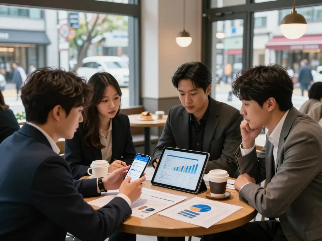 서울의 현대적인 카페에서 폰테크 나라 모바일 금융 솔루션에 대해 논의하는 팀, 사용자 친화적인 앱 인터페이스를 보여줍니다.