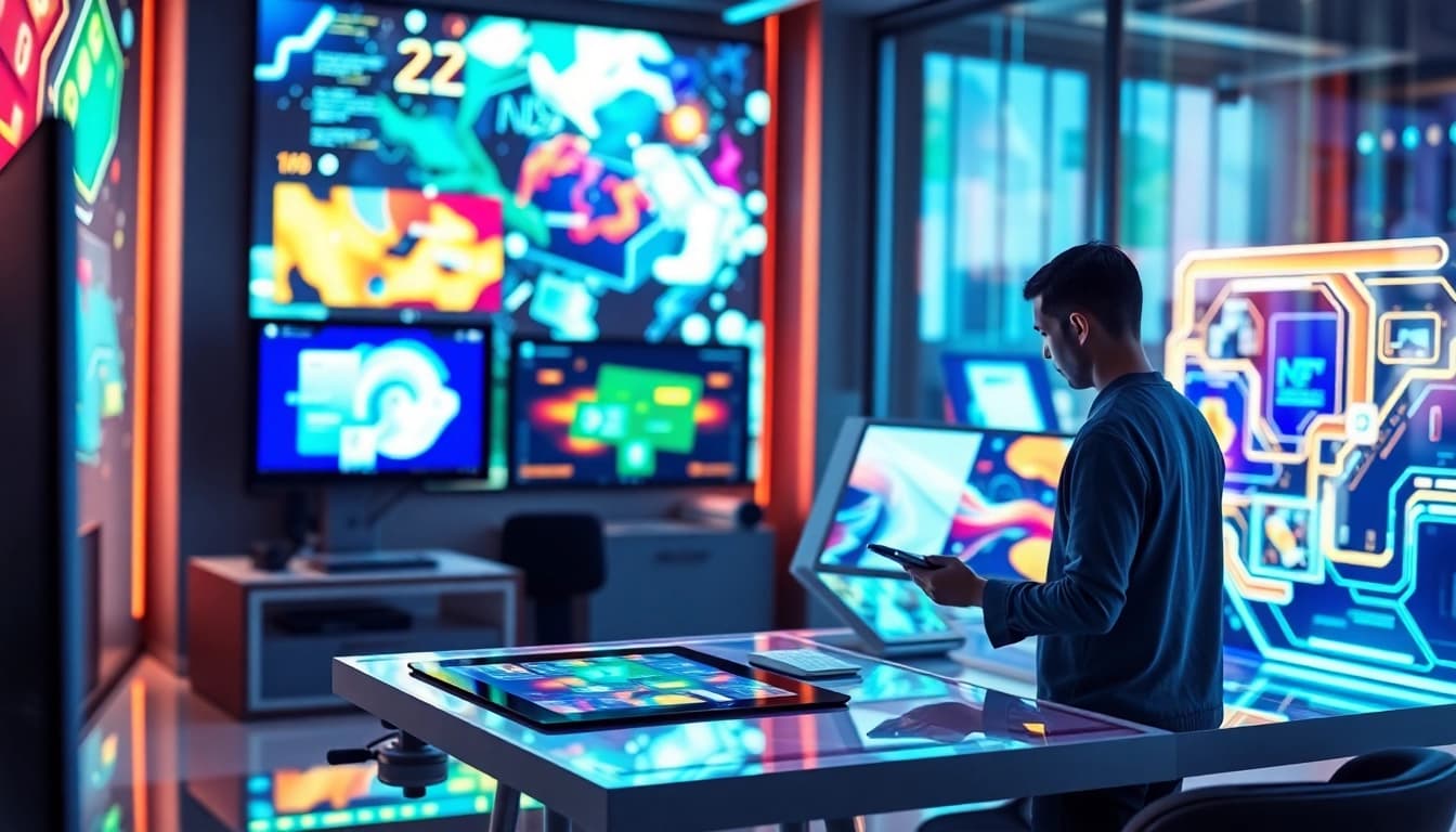 Artist using an image generator in a modern studio with vibrant digital displays.
