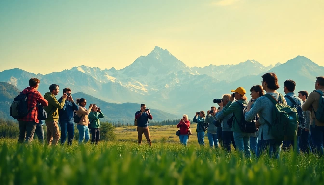 A breathtaking travel scene featuring diverse travelers at https://travelvixta.com capturing nature's beauty.