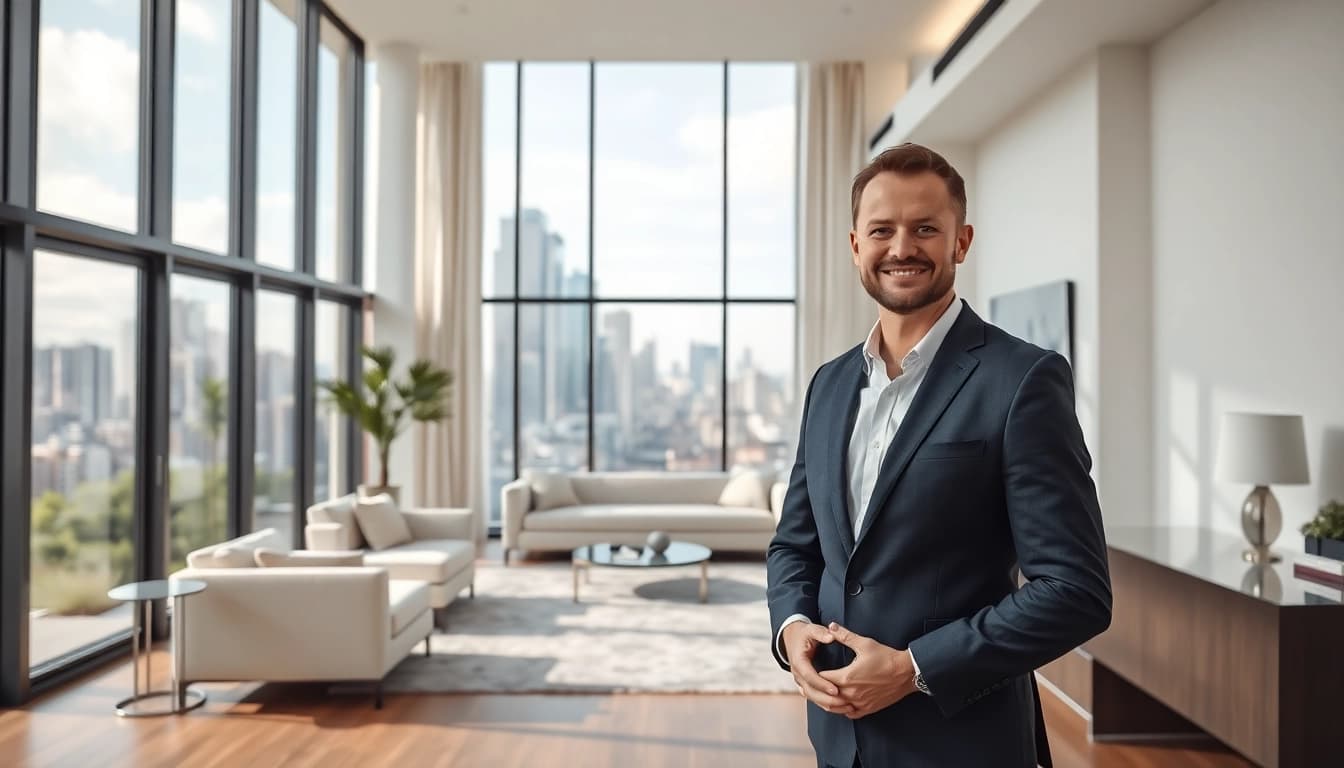 Showcase a real estate agent presenting luxury real estate in a beautiful modern living room.