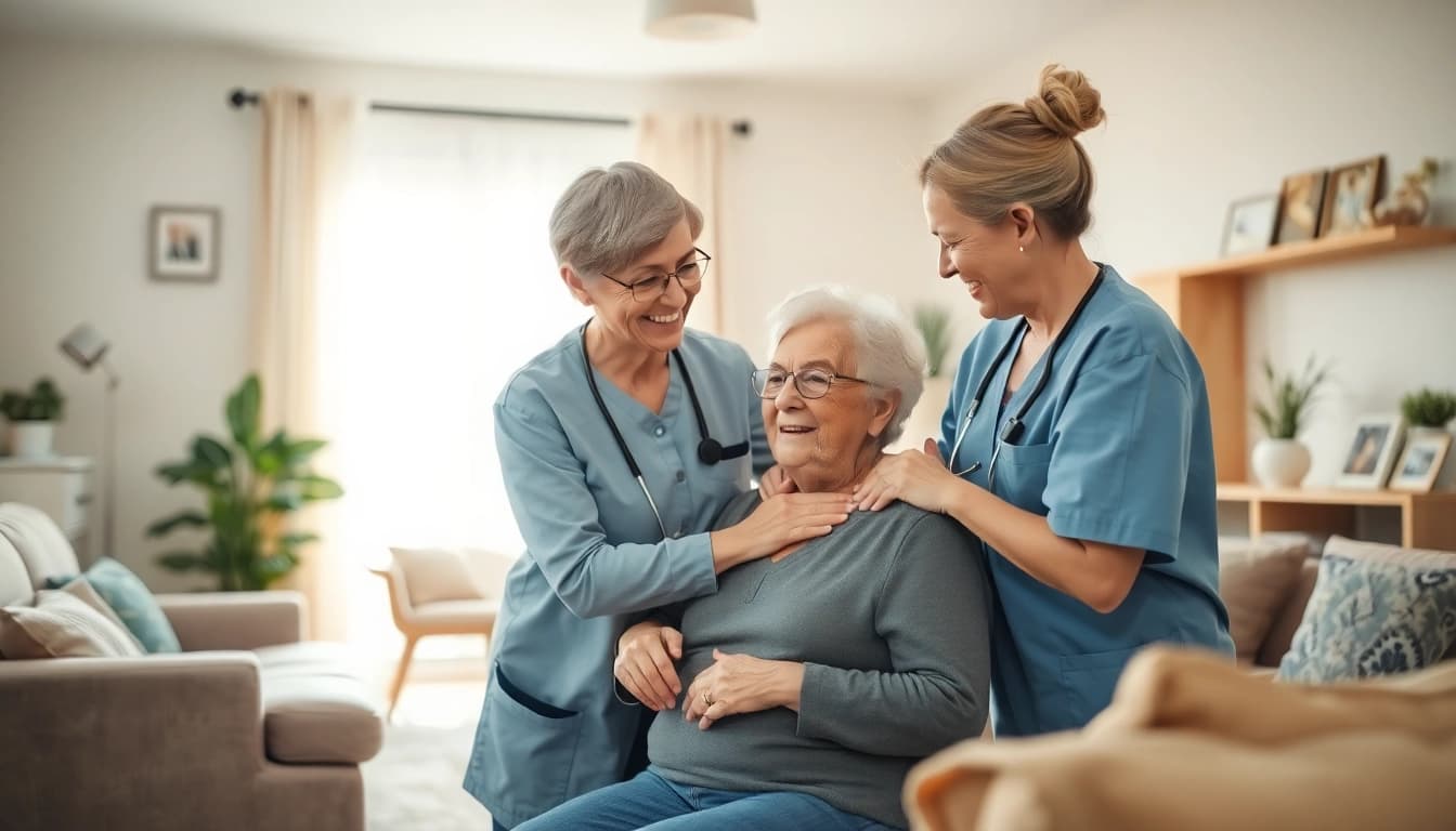 Seniors receive compassionate senior care austin tx from caregivers in a warm living room.
