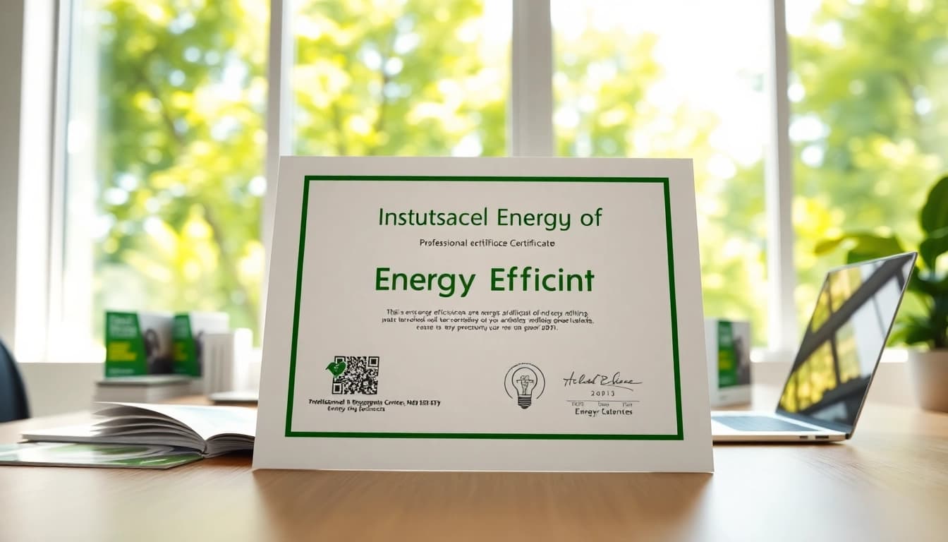 Certificado Ahorro Energético sobre un escritorio con materiales de ahorro energético.