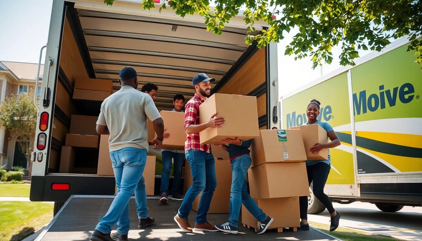 Movers loading boxes onto a truck in a sunny neighborhood, showcasing teamwork and professionalism.