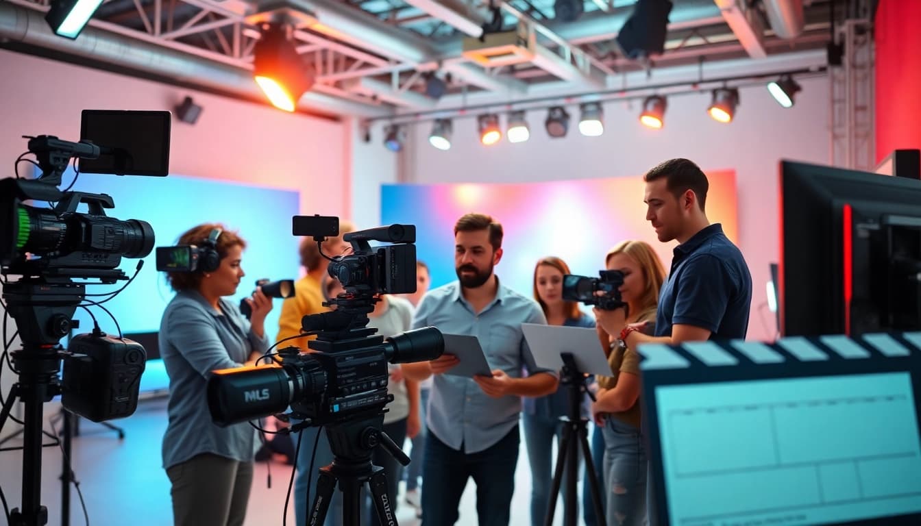 Team of creative professionals at a Video Production Company Phoenix collaborating on a project in a modern studio.
