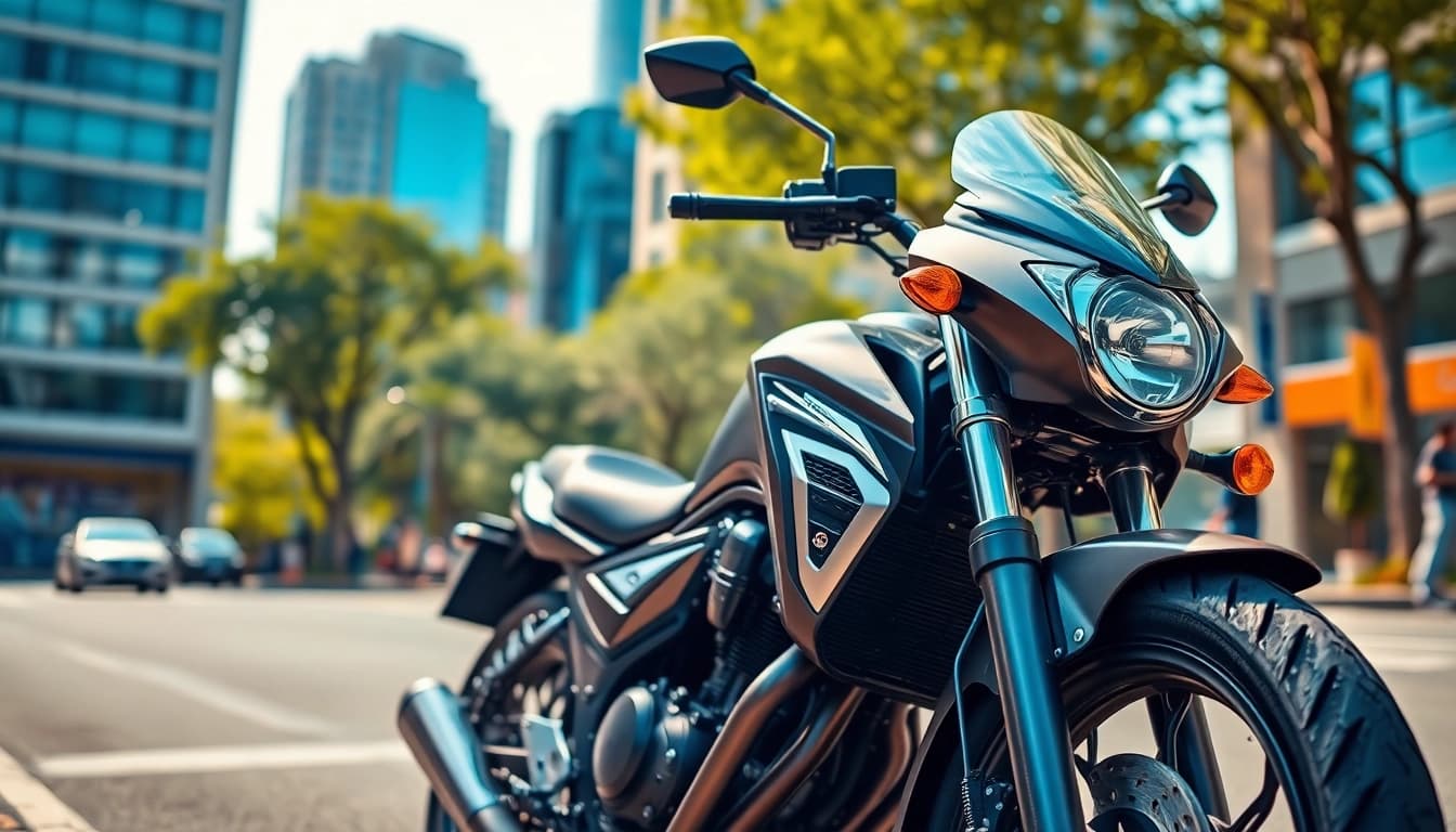 Showcasing a budget DOT approved motorcycle for sale in an urban setting, highlighting its sleek design.