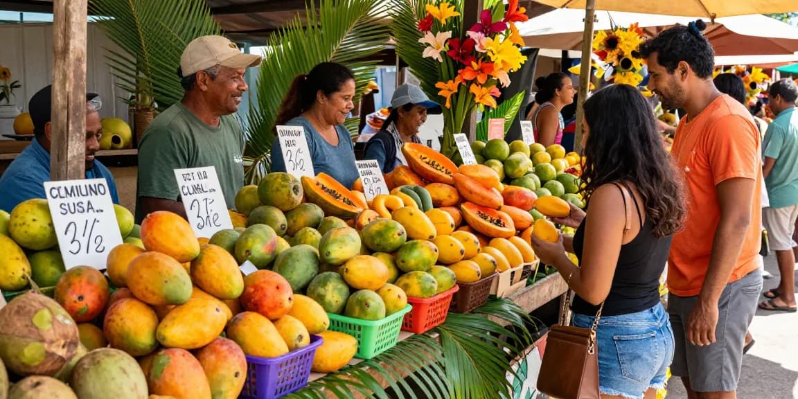 Fresh Camino mangoes displayed at a vibrant tropical fruit market