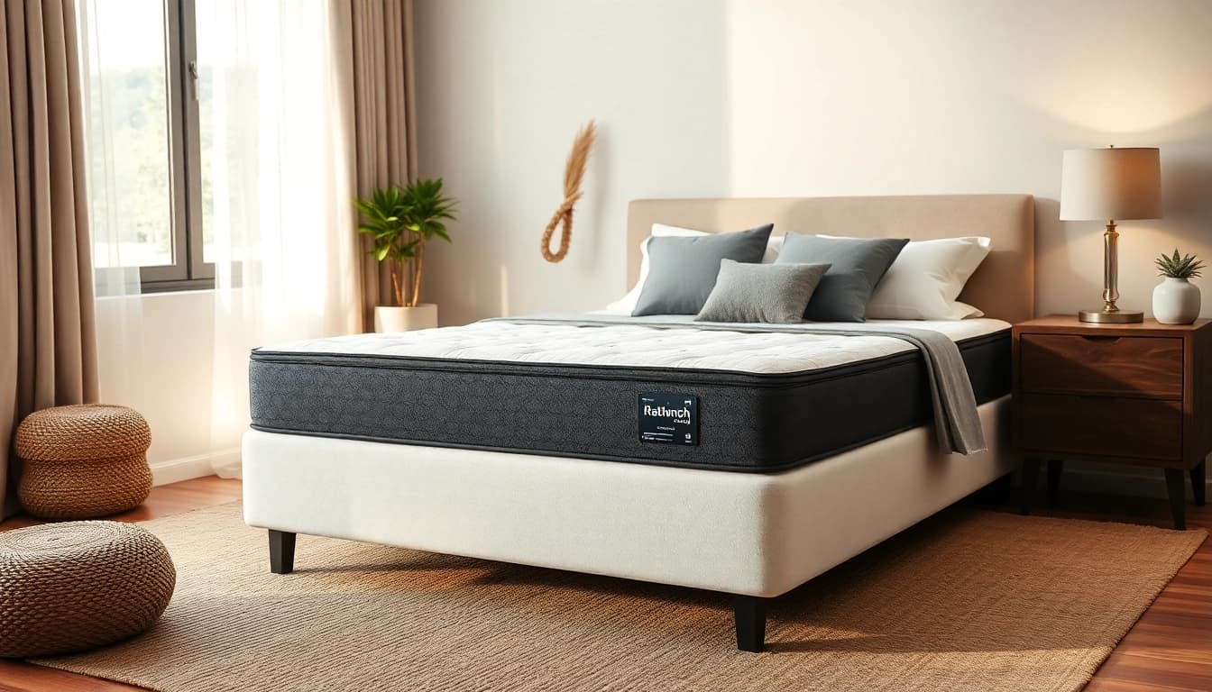 Showcase the low profile mattress box spring in a cozy bedroom setting with warm lighting.