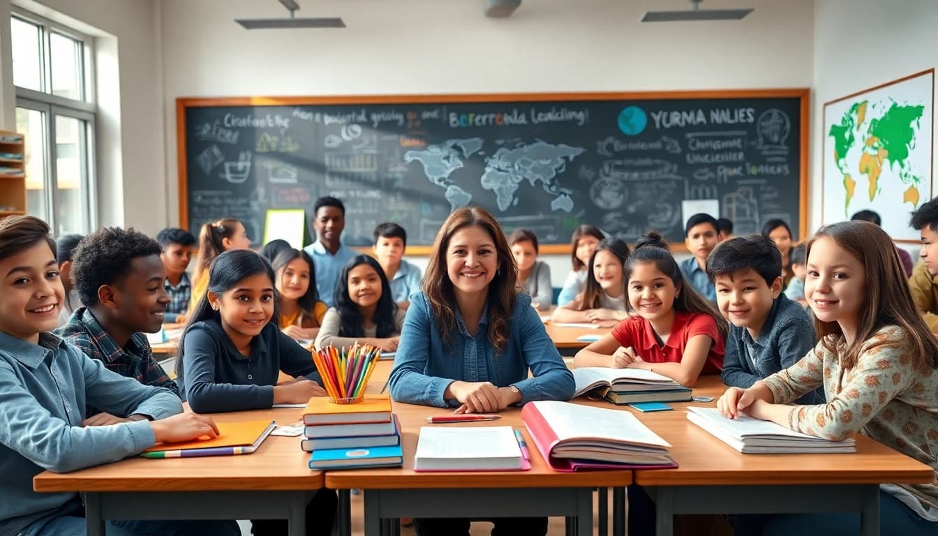 Engaging Education scene with students collaborating in a bright classroom setting.