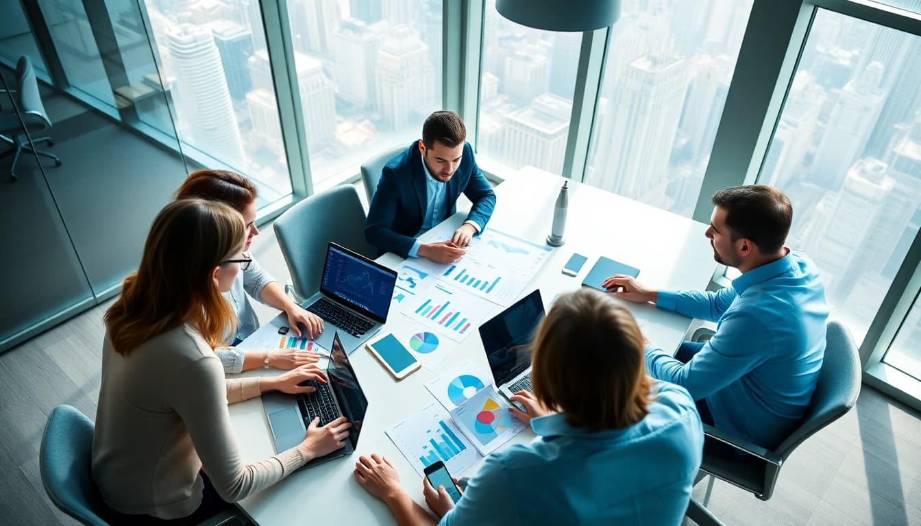 Marketing-Strategie-Meeting mit Professionals in modernem Büro, lebendig und kooperativ.