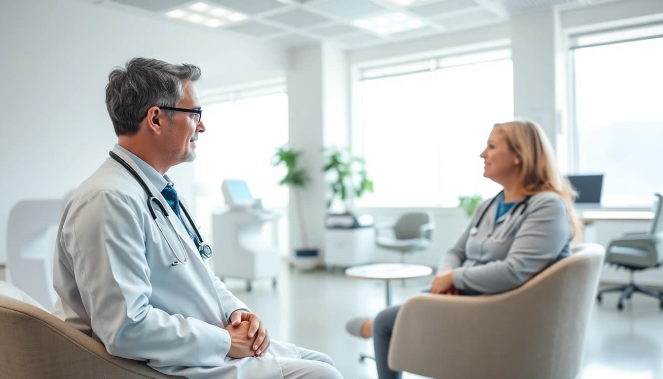 Engaged conversation between a patient and private GP in a modern clinic.