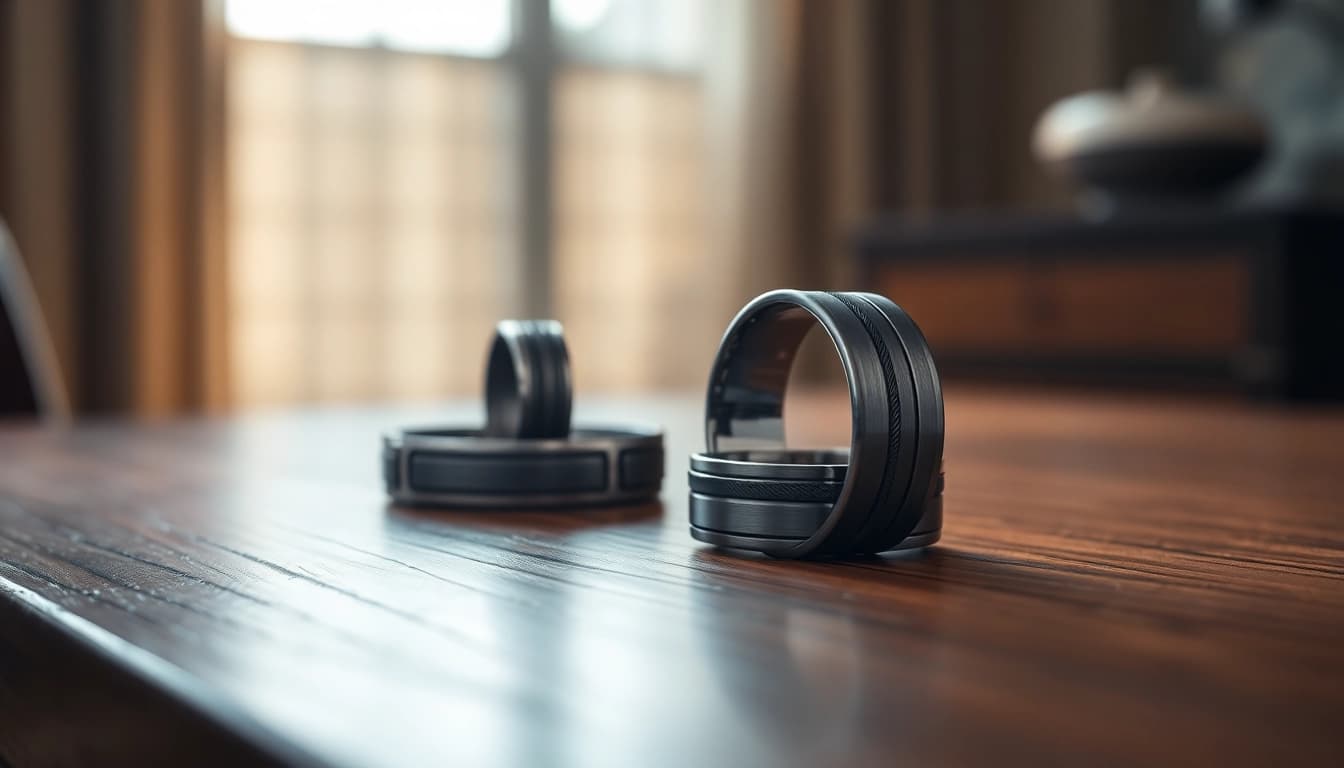 Showcase of Gunmetal Wedding Bands for Men highlighting metallic finishes and unique designs.
