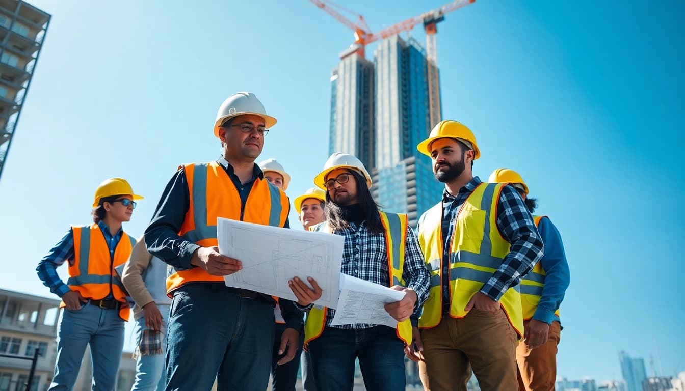 New York Commercial General Contractor analyzing blueprints with a construction team on site.
