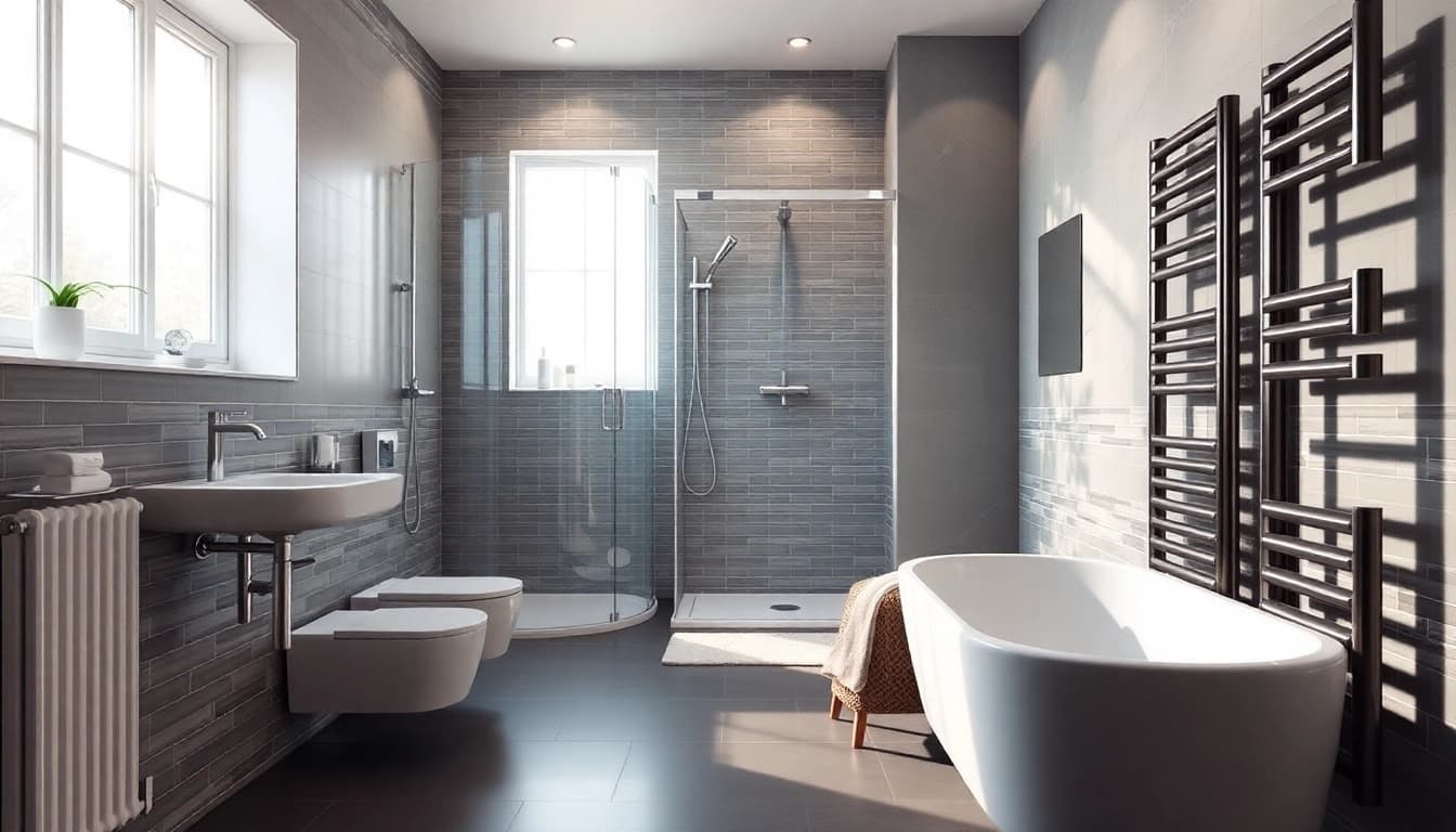 Produkte von sonni sanitär in einem eleganten Badezimmer mit modernen Duschen und Heizkörpern.