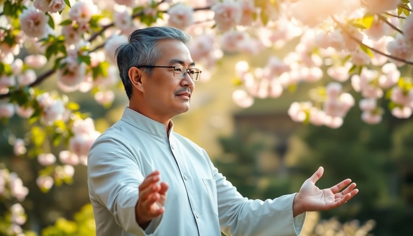 Menggambarkan Akupunktur dengan Qi Qong dalam sesi meditasi damai di taman yang tenang.