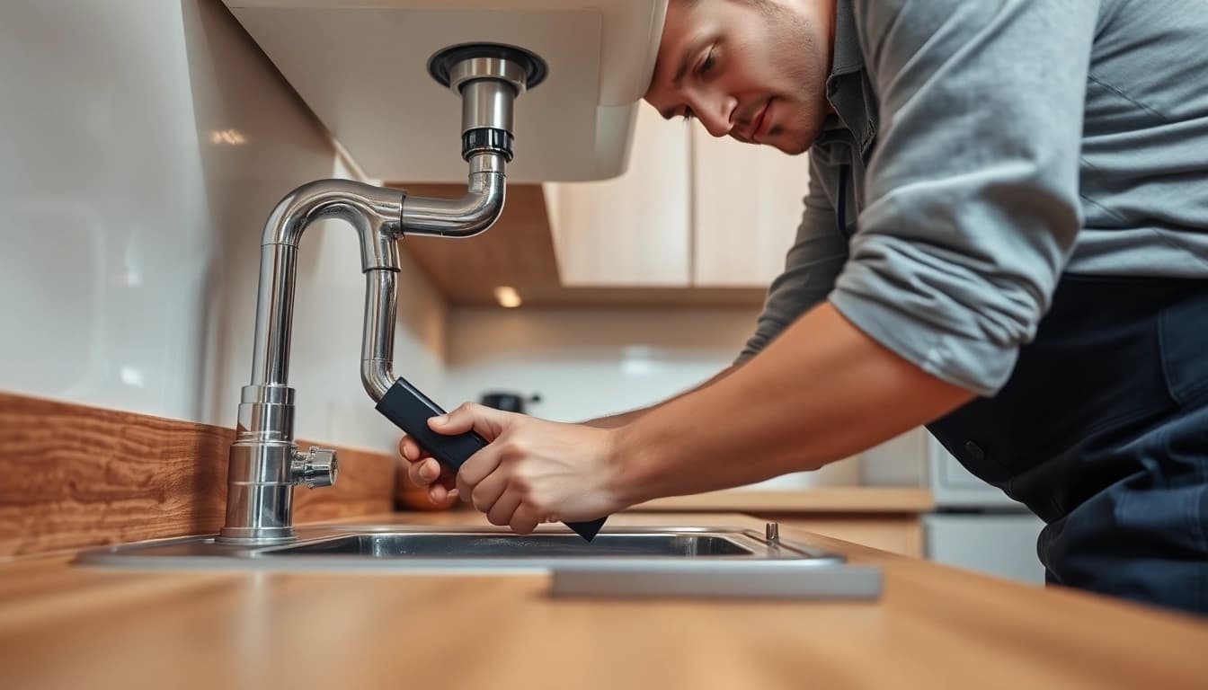 Plumber repairing a leak under a sink, showcasing skilled work in a modern kitchen.