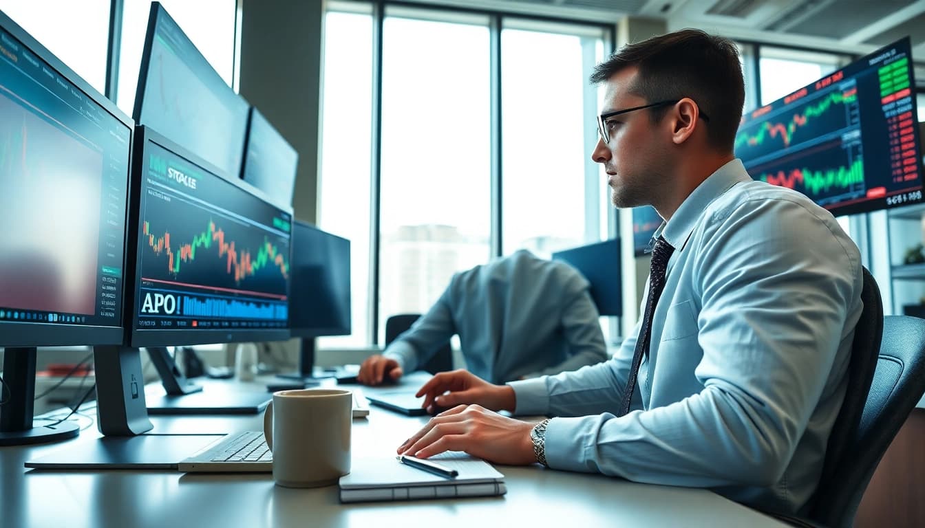 Monitor showing APO stock price trends amidst stock market analysis.