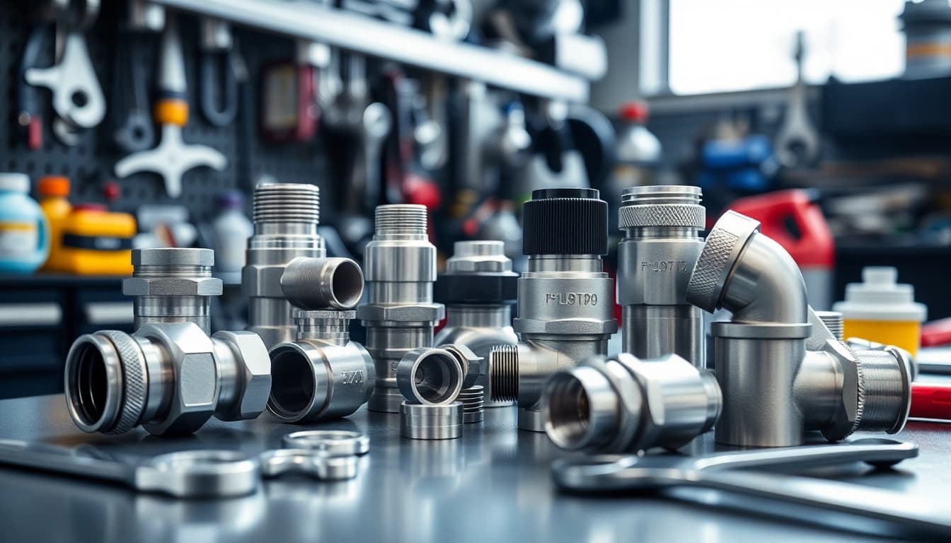 Showcasing turbo oil drain fittings with a high-tech finish on a mechanic workbench.
