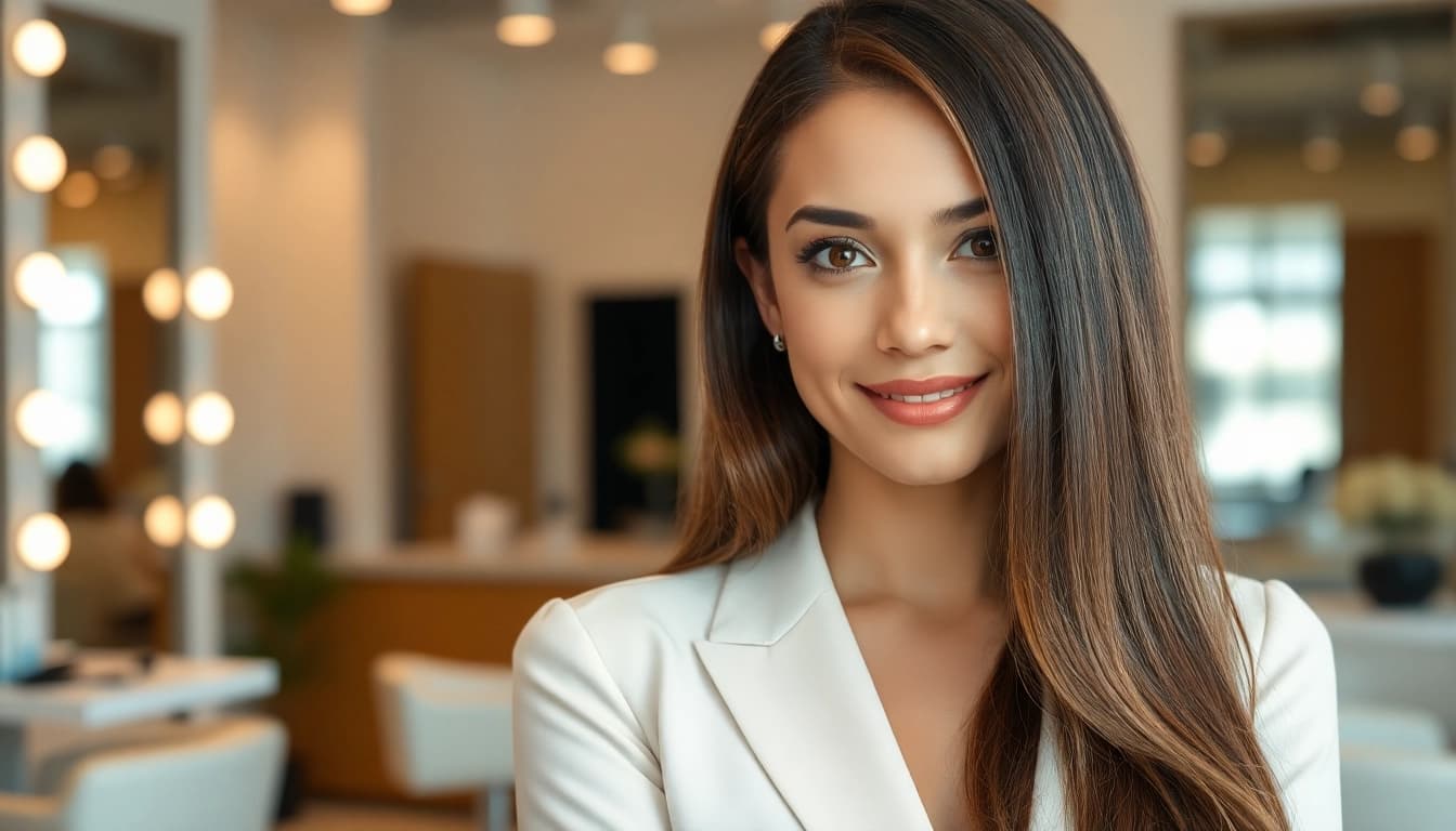 Woman with seamless invisi edge clip in hair extensions in a stylish salon, showcasing her elegance.