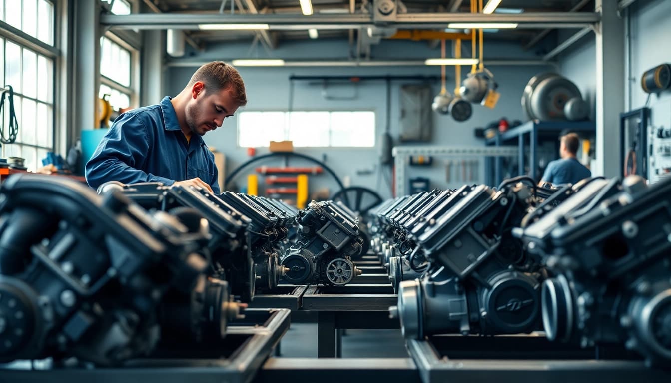 Inspecting a variety of used engines in a professional garage setting.