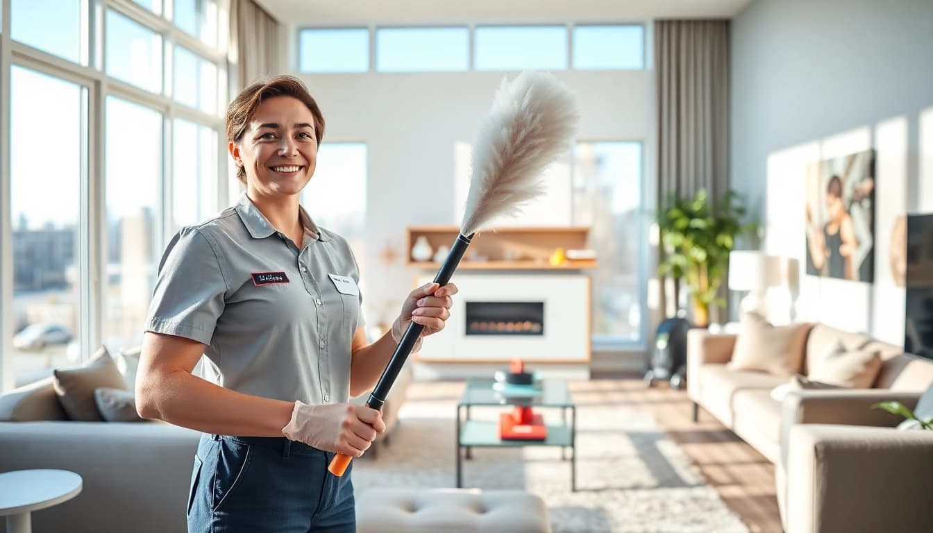 Experience exceptional cleaning services calgary with a professional cleaner in a bright living room.