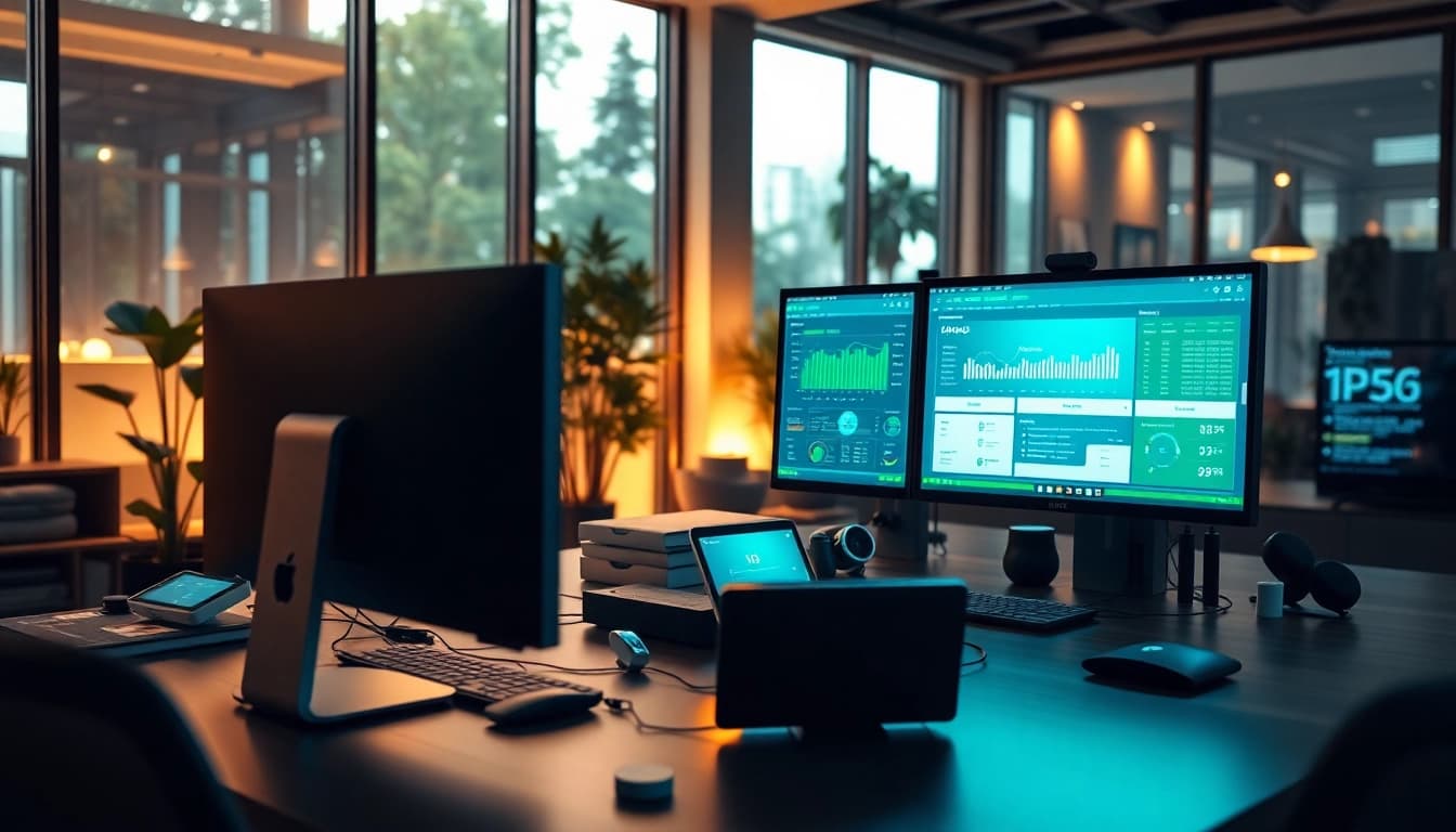 Engaging scene of an AI tool marketplace showcasing advanced technology and user-friendly interfaces.