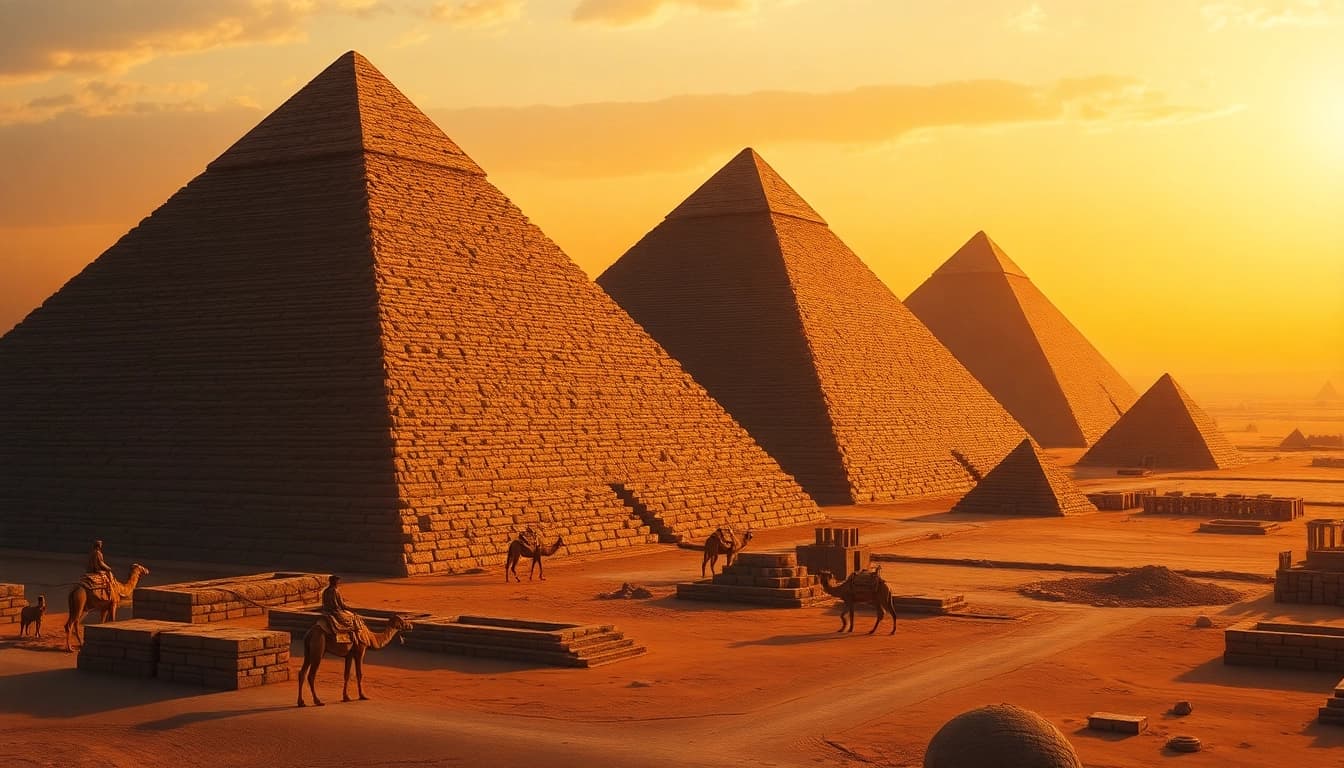 Reveal the majestic piraminds surrounded by a desert landscape at sunrise.