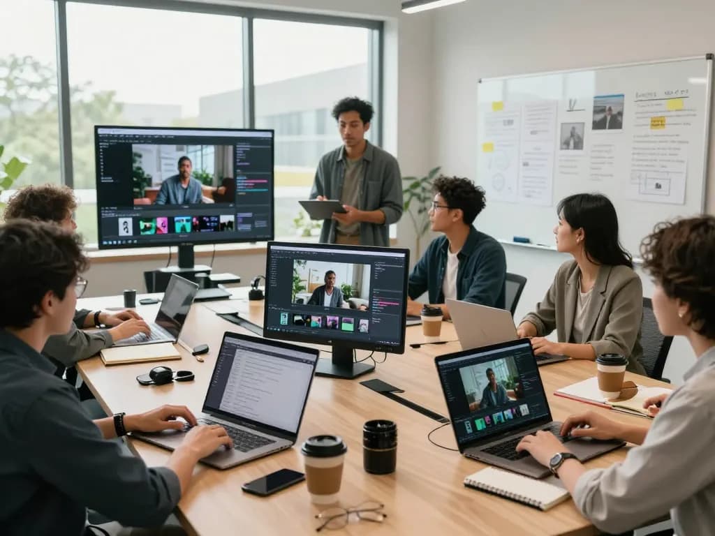 Team generating video to prompt ai in a modern workspace, analyzing clips collaboratively.