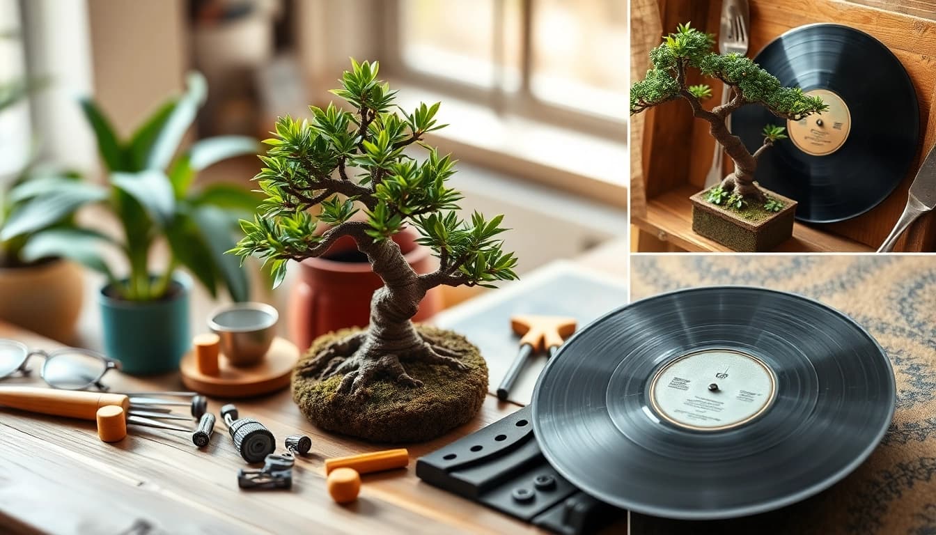 Niche hobbies like model building and bonsai cultivation represented in a warm, vibrant collage.