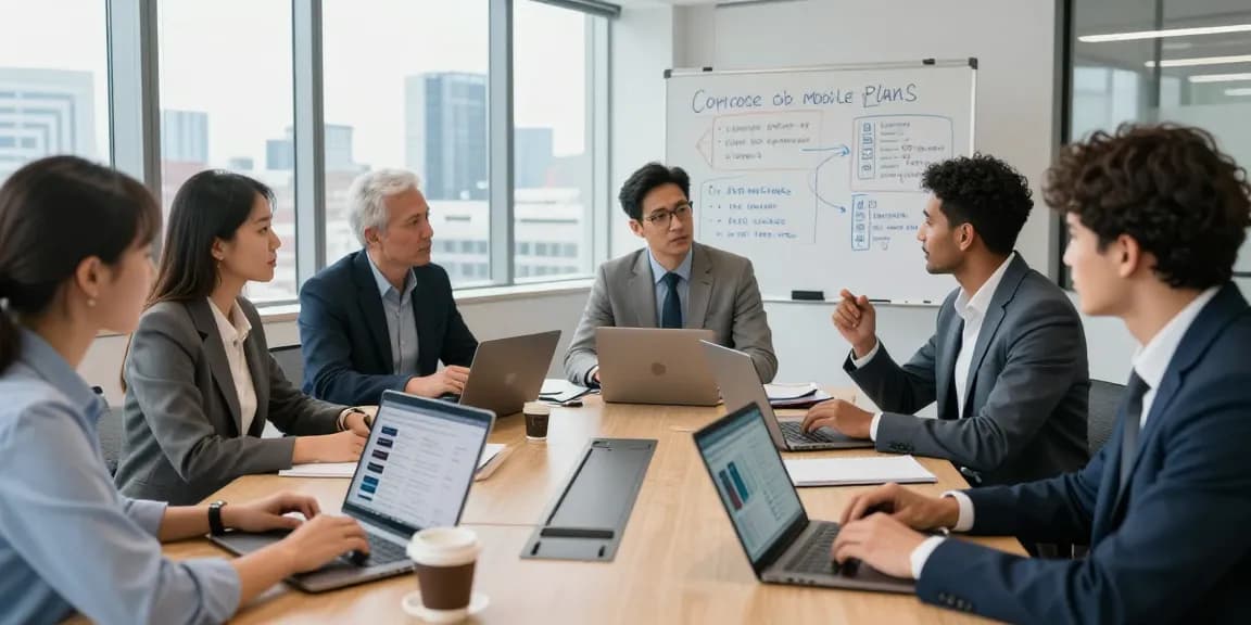 Team discussing corporate mobile plans UK in a modern office setting, showcasing collaboration.
