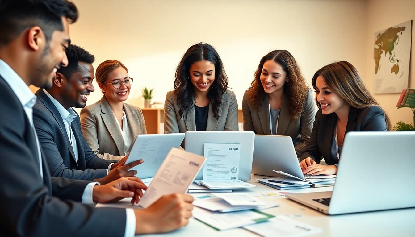 Submitting an esta application in a professional office setting with diverse participants.