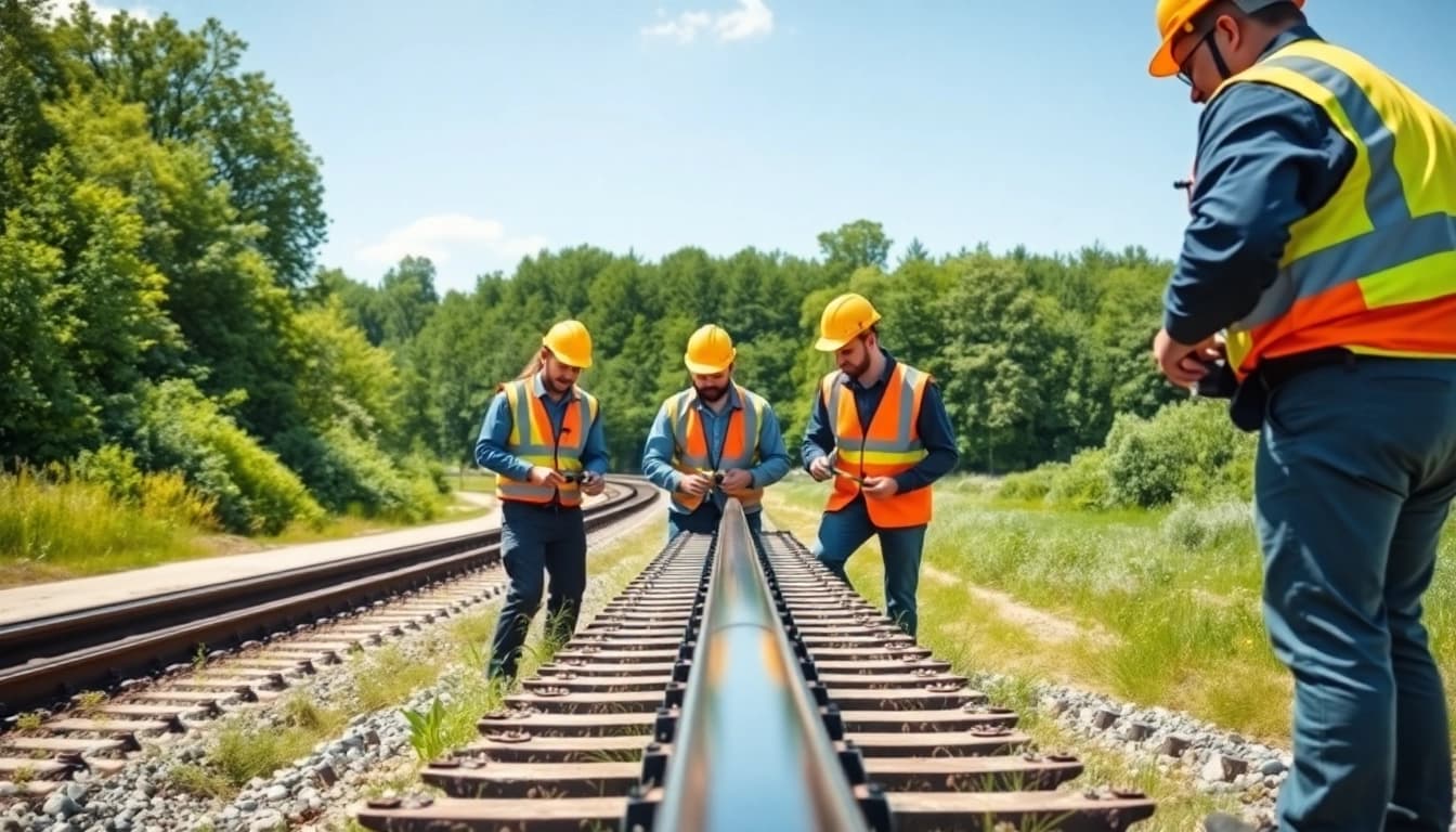 Railroa Maintenance Services team inspecting track conditions with professional tools.