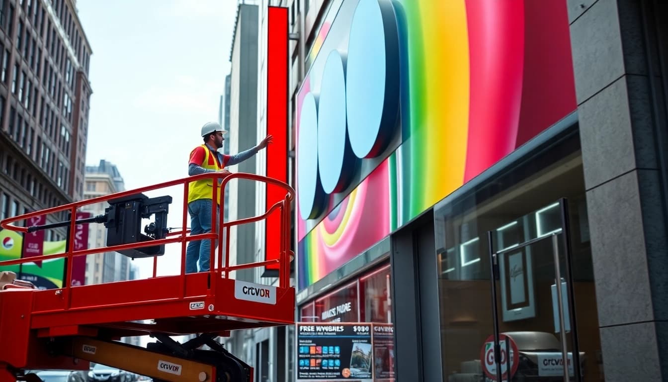 Experience professional sign installation with a team working on a storefront upgrade in an urban setting.